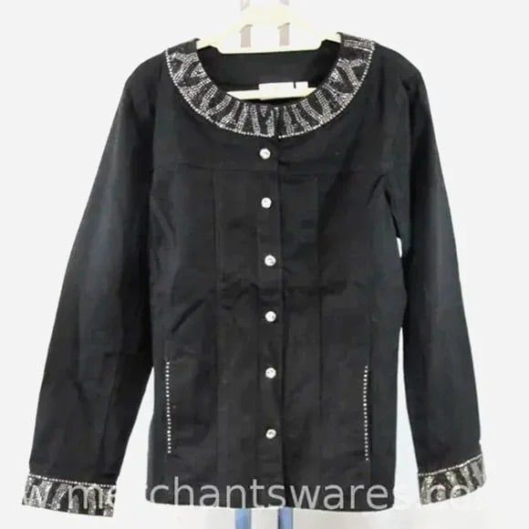 SALE! NWT- SASSY Quacker Factory Black Denim Jacket, Rhinestone Embellishment XL - Picture 9 of 10